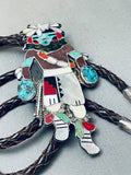 Huge One Of Best Vintage Native American Zuni Inlay Turquoise Sterling Silver Dance Bolo Tie-Nativo Arts