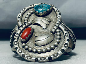 Towering Authentic Vintage Native American Navajo Turquoise Coral Sterling Silver Bracelet-Nativo Arts