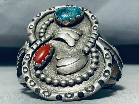 Towering Authentic Vintage Native American Navajo Turquoise Coral Sterling Silver Bracelet-Nativo Arts