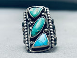 Gigantic Vintage Native American Navajo Green Blue Turquoise Sterling Silver Ring-Nativo Arts