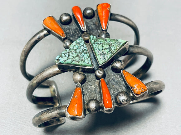 Museum Vintage Native American Navajo Spiderweb Turquoise Sterling Silver Coral Bracelet-Nativo Arts