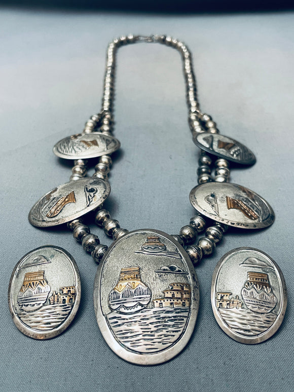Incredible Vintage Native American Navajo Gold Sterling Silver Pottery Necklace Set-Nativo Arts
