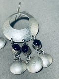 Fantastic Vintage Native American Navajo Black Onyx Hammered Sterling Silver Earrings-Nativo Arts