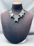 Authentic Vintage Native American Navajo Turquois Einlay Sterling Silver Squash Blossom Necklace-Nativo Arts