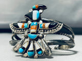 Monumental Vintage Native American Zuni Turquois Einlay Bird Sterling Silver Bracelet-Nativo Arts