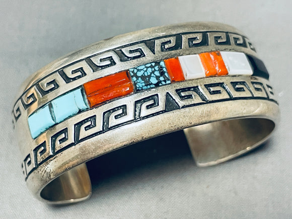 Important 7 Inch Wrist Vintage Native American Navajo Inlay Turquoise Coral Silver Bracelet