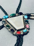 Colorful Native American Navajo Morenci Turquoise Coral Jet Sterling Silver Bolo Tie-Nativo Arts