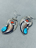 Huge Native American Navajo Turquoise Sterling Silver Bear Cla Coral Earrings-Nativo Arts