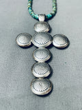 Huge Button Sterling Silver Vintage Native American Navajo Turquoise Cross Necklace-Nativo Arts