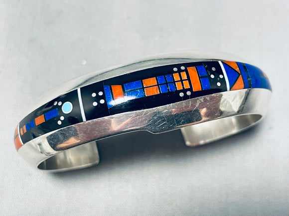 6 Inch Wrist Vintage Native American Zuni Lapis Coral Sterling Silver Kachina Inlay Bracelet-Nativo Arts