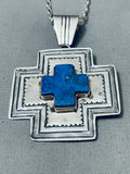 Rare Vintage Native American Navajo Lapis Cross Sterling Silver Necklace