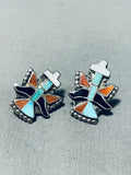 One Of The Finest Vintage Zuni Turquoise Inlay Sterling Silver Earrings-Nativo Arts