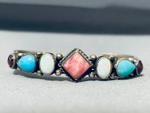 Sophisticated Vintage Native American Navajo Garnet Turquoise Opals Sterling Silver Bracelet-Nativo Arts