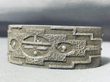 Rare Native American Navajo Signed Sterling Silver Geometric Sunface Handcarved Bracelet-Nativo Arts