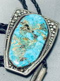 100+gram Vintage Native American Navajo Pilot Mountain Turquoise Sterling Silver Bolo Tie-Nativo Arts
