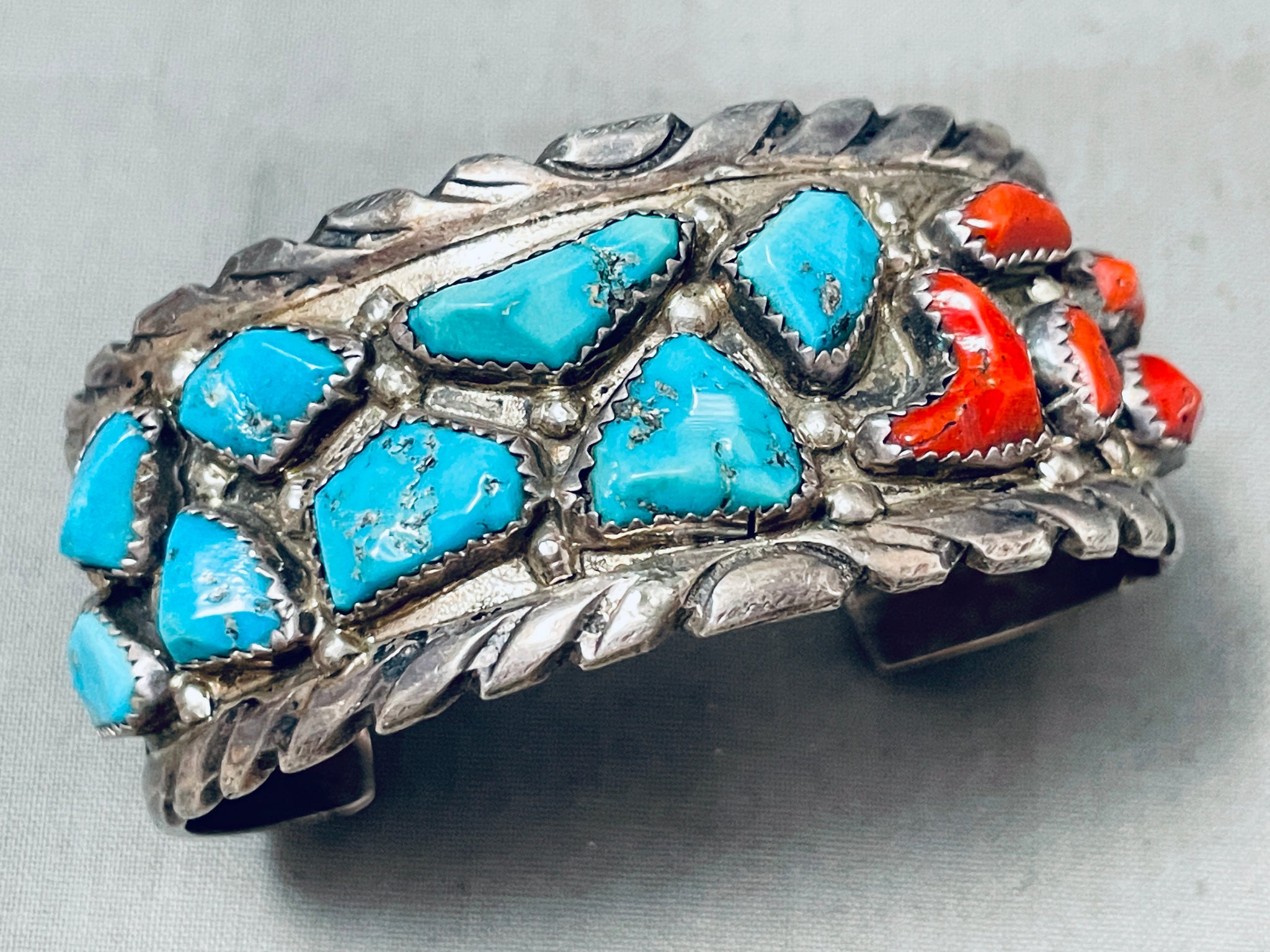 Chunky Turquoise Coral Vintage Native American Zuni Heavy Sterling