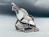 Detailed Vintage Native American Zuni Quail Bird Inlay Sterling Silver Ring Old-Nativo Arts