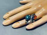 Intricate Vintage Native American Navajo Carico Lake Turquoise Coral Sterling Silver Ring-Nativo Arts