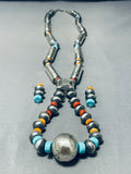 Rare Longer Colorful Native American Navajo Turquoise Coral Sterling Silver Tubule Necklace-Nativo Arts