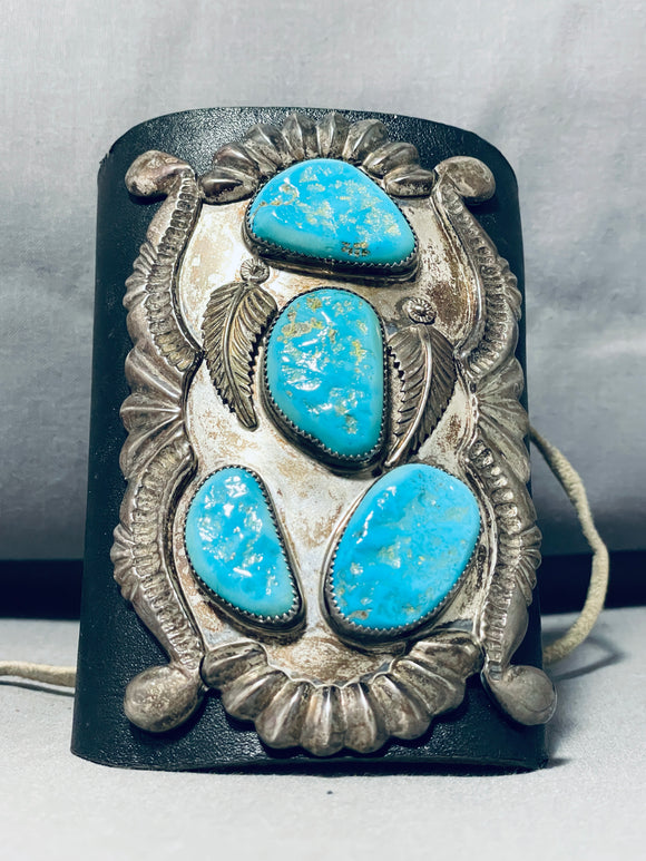 Native American Authentic Vintage Zuni Blue Gem Turquoise Sterling Silver Bow Guard-Nativo Arts