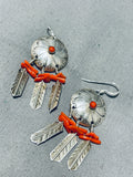 Authentic Native American Navajo Coral Sterling Silver Shield Earrings-Nativo Arts