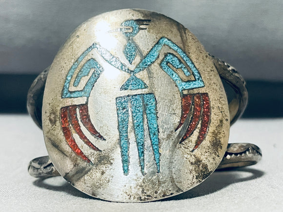 Amazing Vintage Native American Navajo Turquoise Coral Chip Inlay Bird Sterling Silver Cuff-Nativo Arts