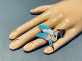 Marvelous Native American Zuni Signed Blue Gem Coral Inlay Silver Hummingbird Huge Ring-Nativo Arts
