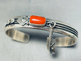 Signed Native American Navajo Coral Sterling Silver Bracelet-Nativo Arts