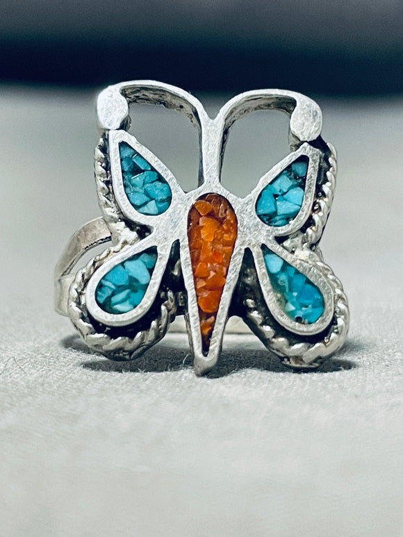 Whimsical Vintage Native American Navajo Turquoise Coral Chip Inlay Silver Butterfly Ring-Nativo Arts