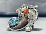 Huge Native American Navajo Turquoise Coral Sterling Silver Bear Ring-Nativo Arts