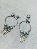 Attractive Vintage Native American Zuni Blue Gem Turquoise Sterling Silver Hoop Earrings-Nativo Arts