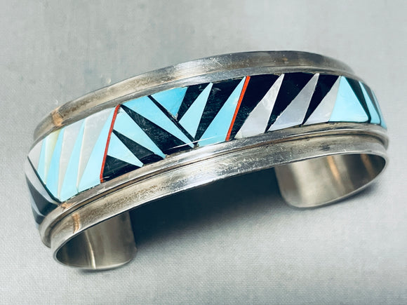 One Of The Finest 6.5 Inch Wrist Vintage Native American Navajo Sterling Silver Inlay Bracelet-Nativo Arts
