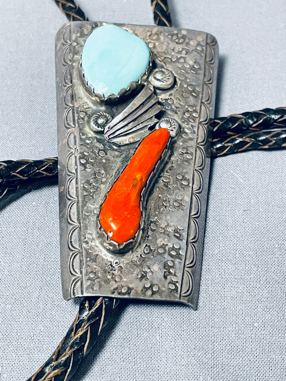 Rare Native American Zuni Vintage Blue Gem Turquoise Coral Sterling Silver Bolo-Nativo Arts