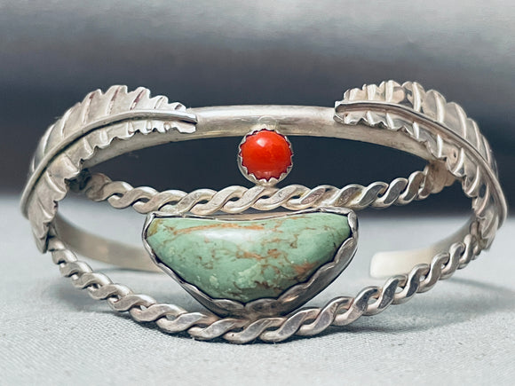 Rope And Leaf Vintage Native American Navajo Green Turquoise Coral Sterling Silver Bracelet Old-Nativo Arts