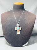 Impressive Native American Navajo Blue Gem Turquoise Sterling Silver Signed Cross Necklace-Nativo Arts