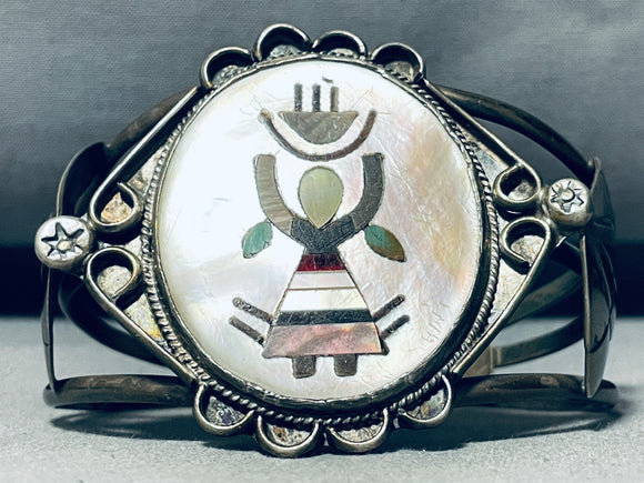 Happy Life Dancer Vintage Native American Zuni Turquoise Sterling Silver Inlay Bracelet-Nativo Arts