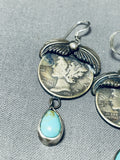 Unique Native American Navajo Silver 1944 Dimes Blue Gem Turquoise Sterling Silver Earrings-Nativo Arts