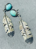 Ernest Rangel Vintage Native American Navajo Royston Turquoise Sterling Silver Feather Earrings-Nativo Arts