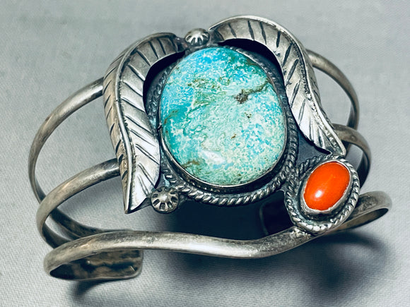 Majestic Vintage Native American Navajo Turquoise Coral Sterling Silver Bracelet-Nativo Arts