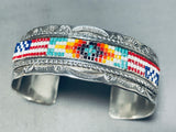 American Flag Hand Beaded Vintage Native American Navajo Sterling Silver Bracelet-Nativo Arts