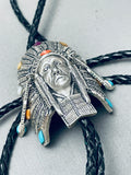 Detailed Vintage Southwest Sterling Silver Inlay Bolo Tie-Nativo Arts