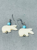 Whimsical Native American Zuni Shell & Turquoise Polar Bear Sterling Silver Earrings-Nativo Arts