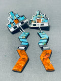 Native American Colorful Santo Domingo Signed Inlay Turquoise Spiny Jet Kachina Earrings-Nativo Arts