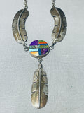 One Of Finest Vintage Native American Navajo Inlay Turquoise Sterling Silver Feather Necklace-Nativo Arts