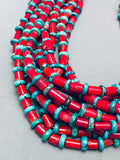614 Grams Best Native American Navajo Coral Sterling Silver Turquoise Necklace-Nativo Arts