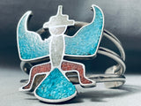 Huge Vintage Native American Navajo Turquoise Bird Sterling Silver Inlay Bracelet