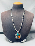 Tremendous Vintage Native American Navajo Kingman Turquoise & Coral Sterling Silver Necklace-Nativo Arts