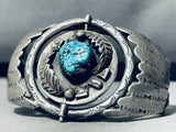 Rotating Center!! Vintage Native American Navajo Turquoise Sterling Silver Flank Bracelet Old-Nativo Arts