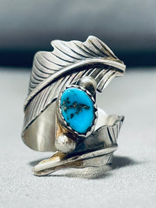 Outstanding Vintage Native American Navajo Blue Gem Turquoise Sterling Silver Feather Ring-Nativo Arts