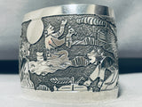 Hand Carved Native American Navajo Scene Wide Sterling Silver Bracelet Cuff-Nativo Arts